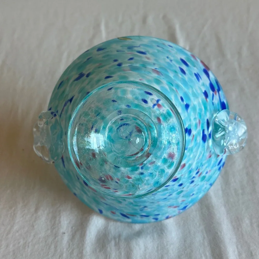 Vintage Blue Confetti Art Glass Basket Twisted Handle Pedestal Hand Blown Bowl